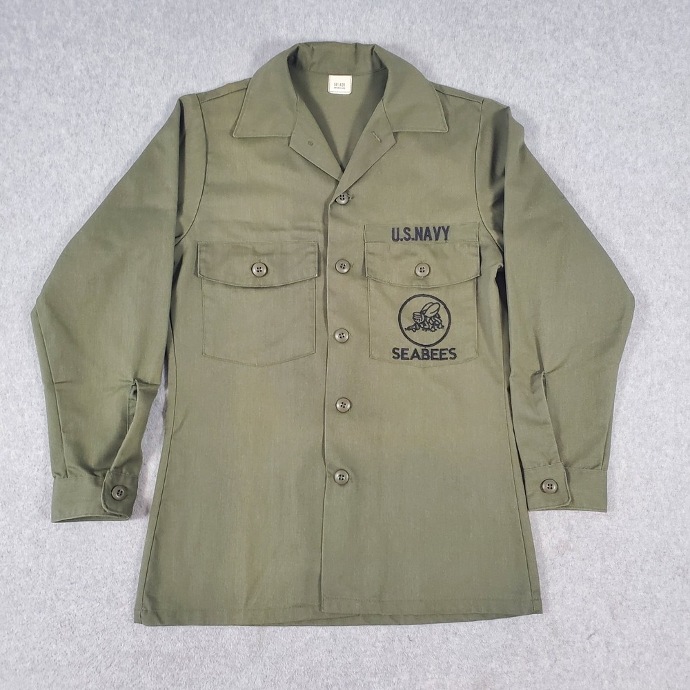 Vintage 80s US Navy Seabees Shirt Small 14.5 31 Olive OG 507 USN Long Sleeve